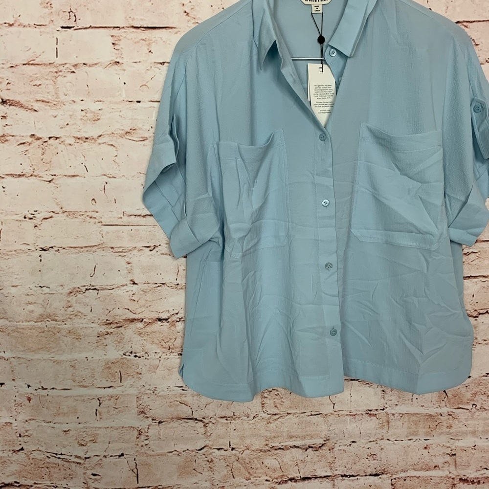 Whistles Textured Short Sleeve Blue Blouse - Picture 5 of 9